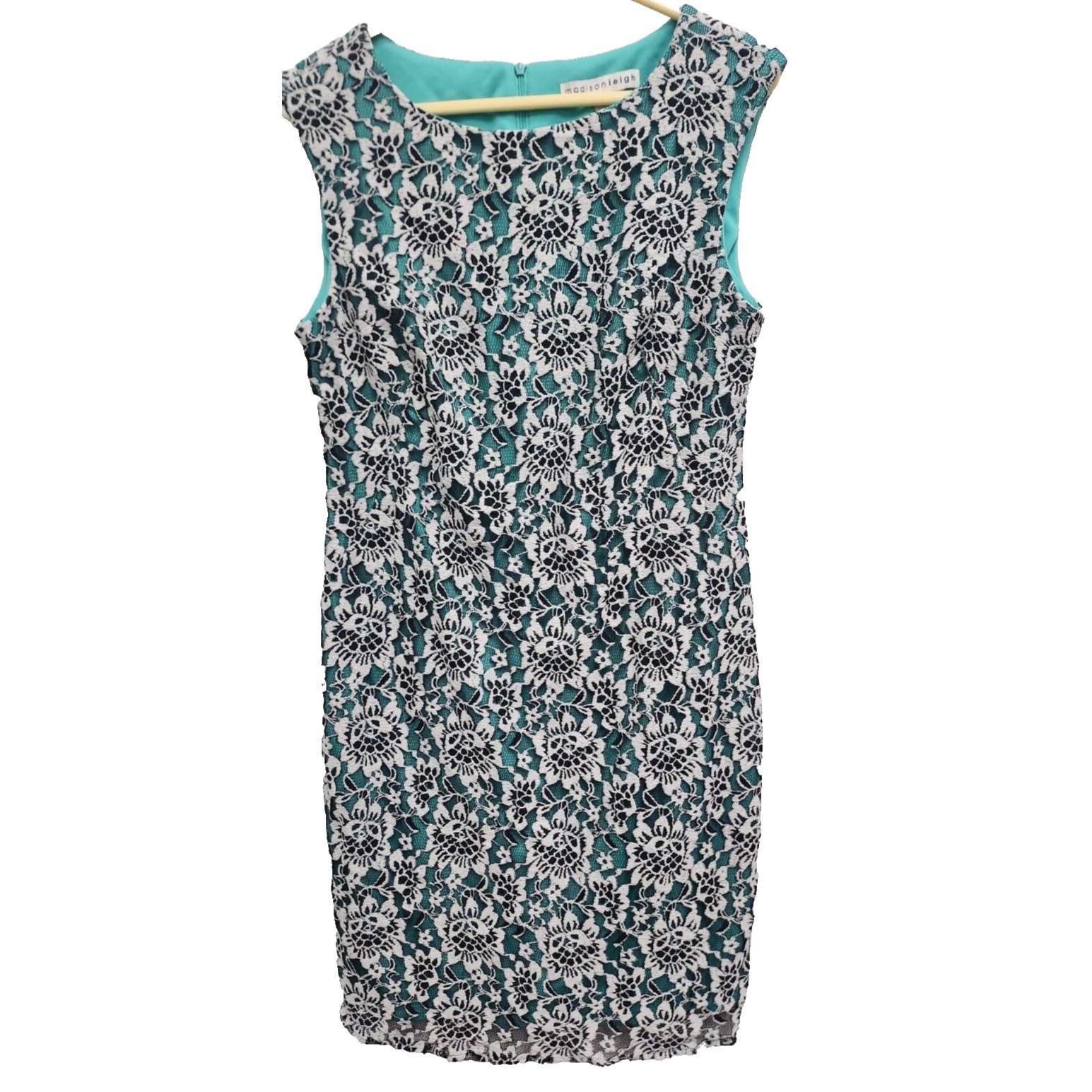 Madison Leigh Sheath Dress Womens Size 12 White Mint Green Lace Floral Office